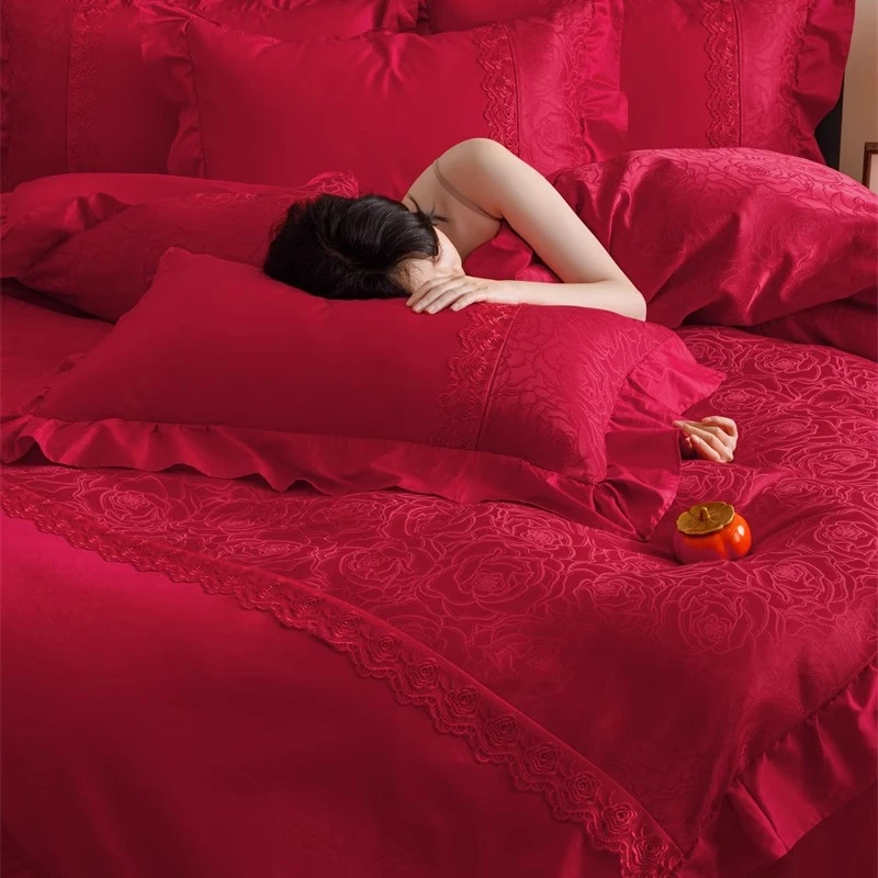 水星新家纺法式浪漫A类100支结婚四件套红色提花被套纯棉婚庆床品