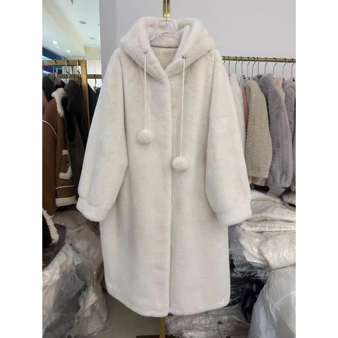 温柔连帽长款慵懒甜美加厚毛茸茸外套K2436