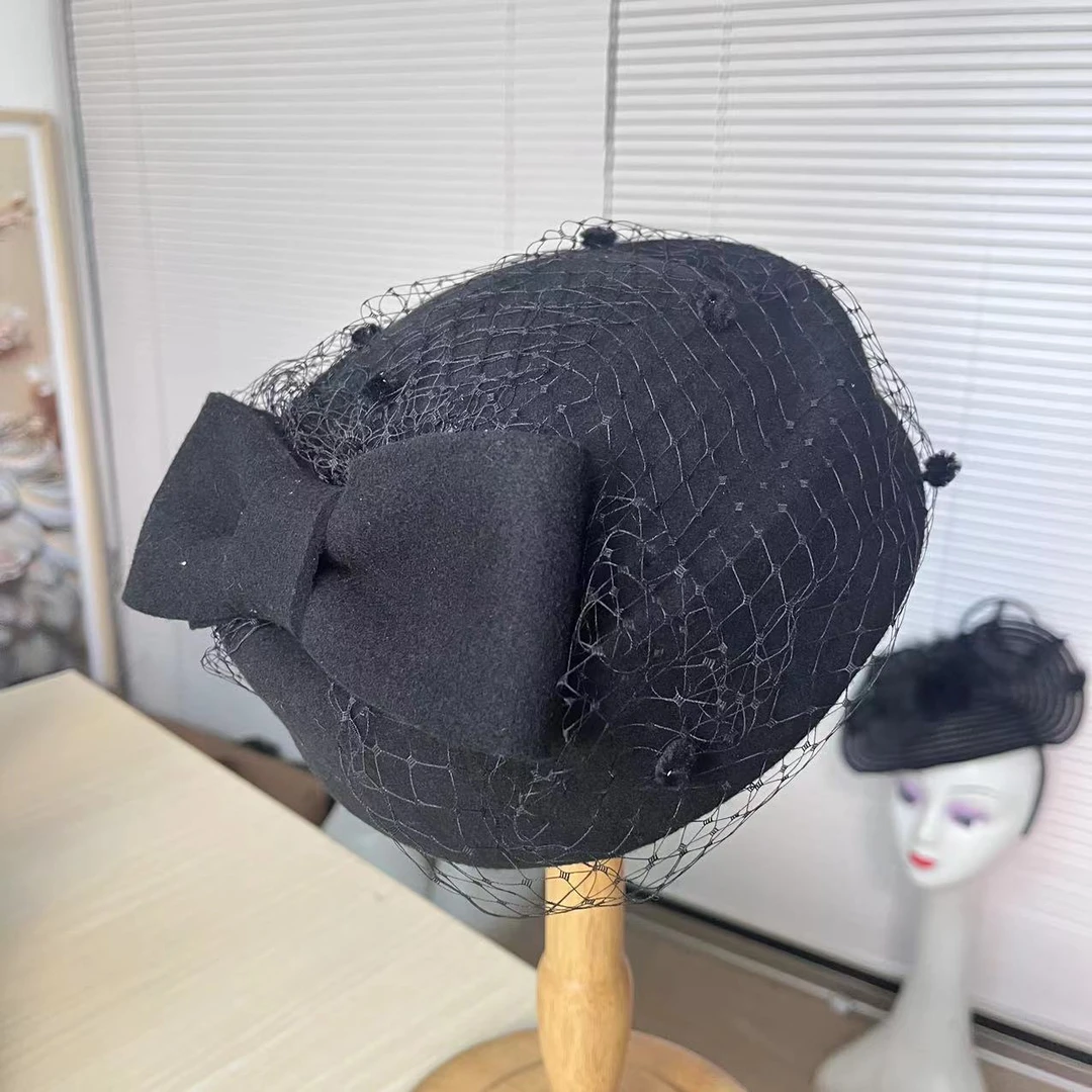 法式优雅复古英伦网纱蝴蝶结贝雷帽新娘头饰秋冬羊毛礼帽