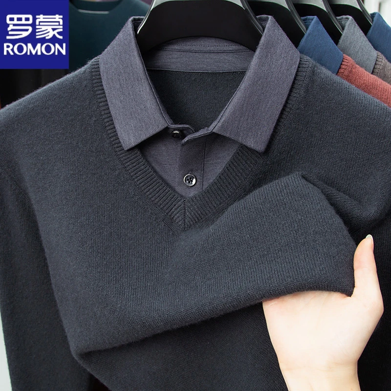 罗蒙100%纯羊毛衬衫领假两件商务休闲针织衫男士秋冬简约时尚毛衣