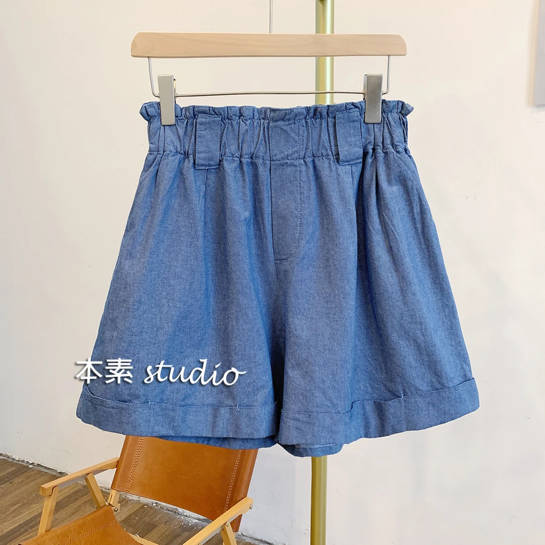MNY1653裤管翻边松紧腰牛仔短裤