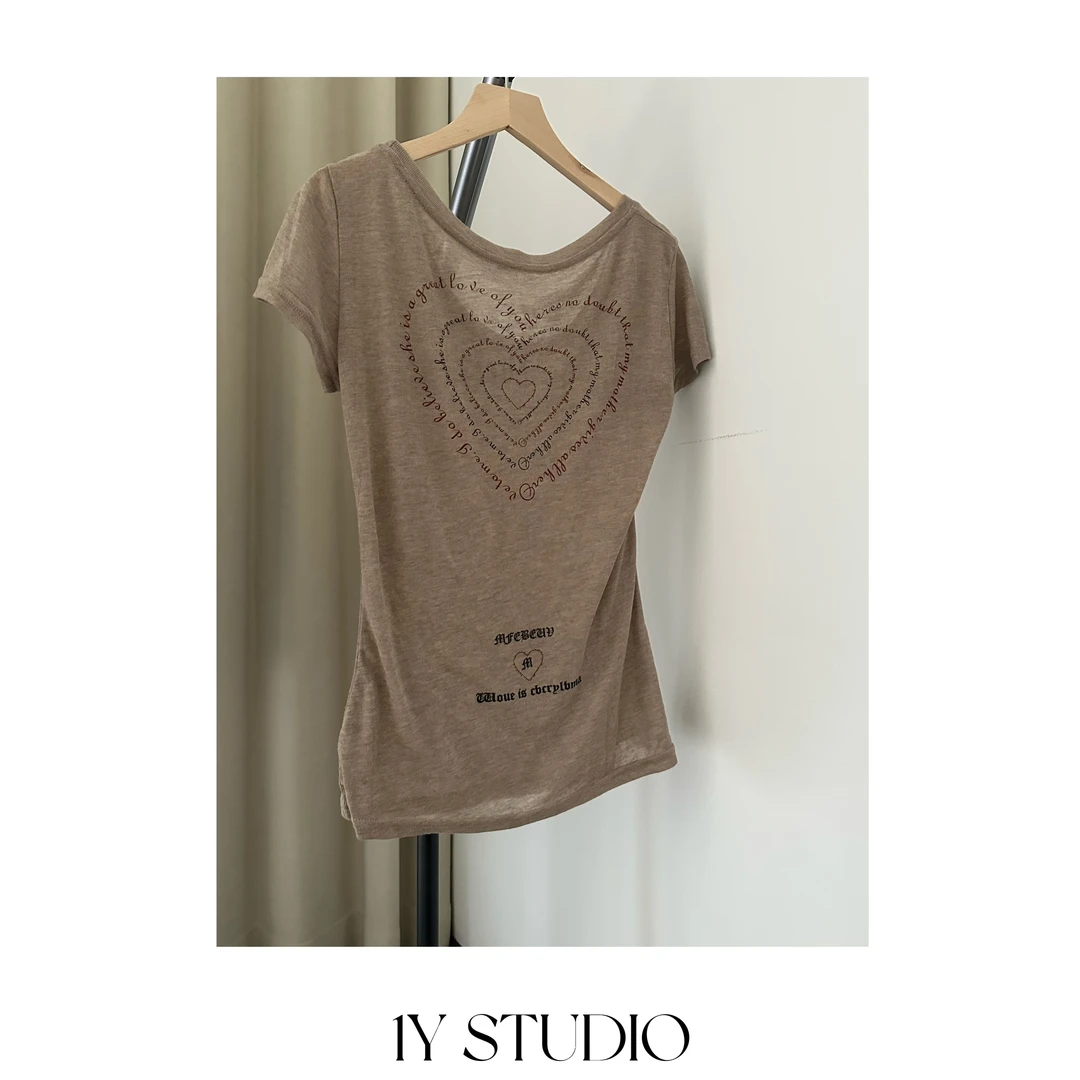 1Y STUDIO 心动循环圆领字母T恤女修身收腰印花短袖上衣