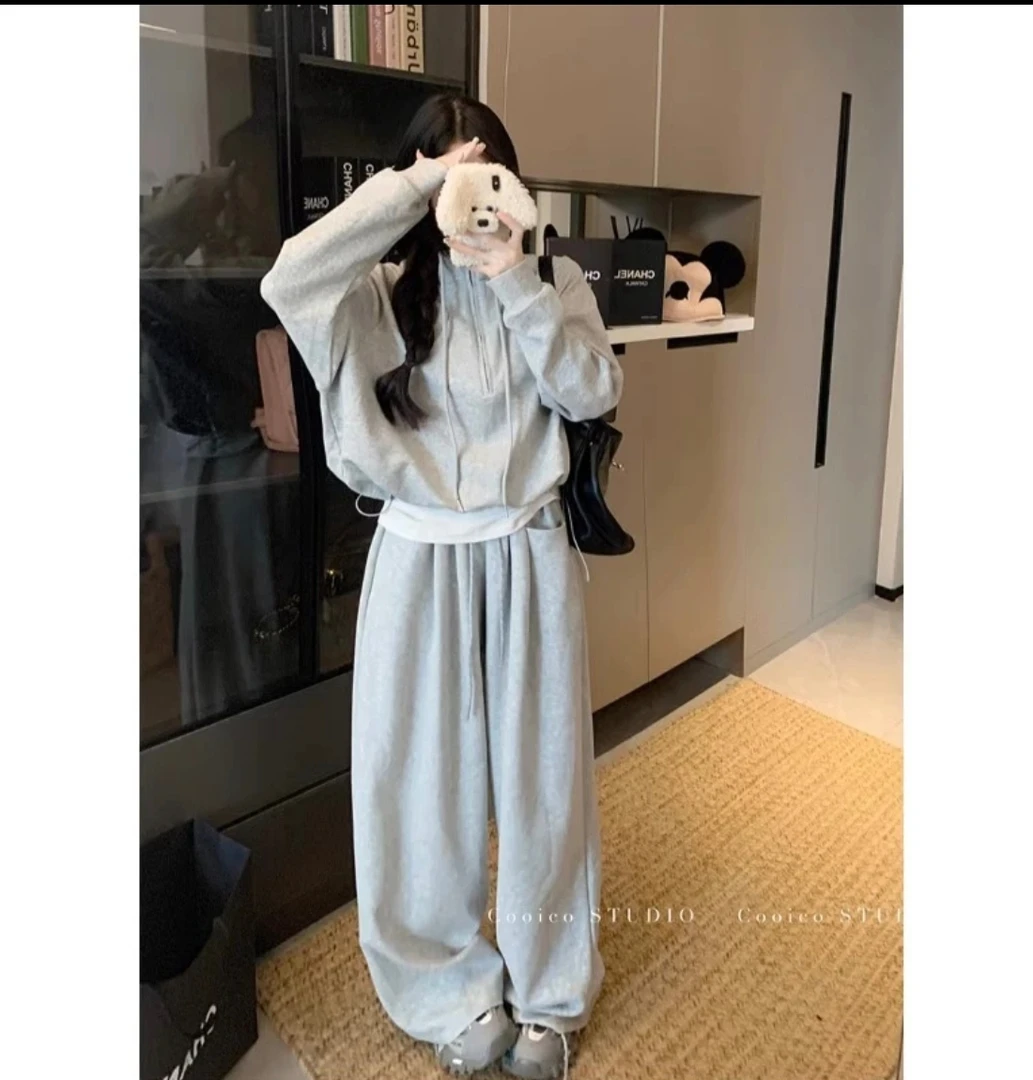 秋季新款慵懒风休闲高腰显瘦阔腿裤设计感松弛感卫衣女款