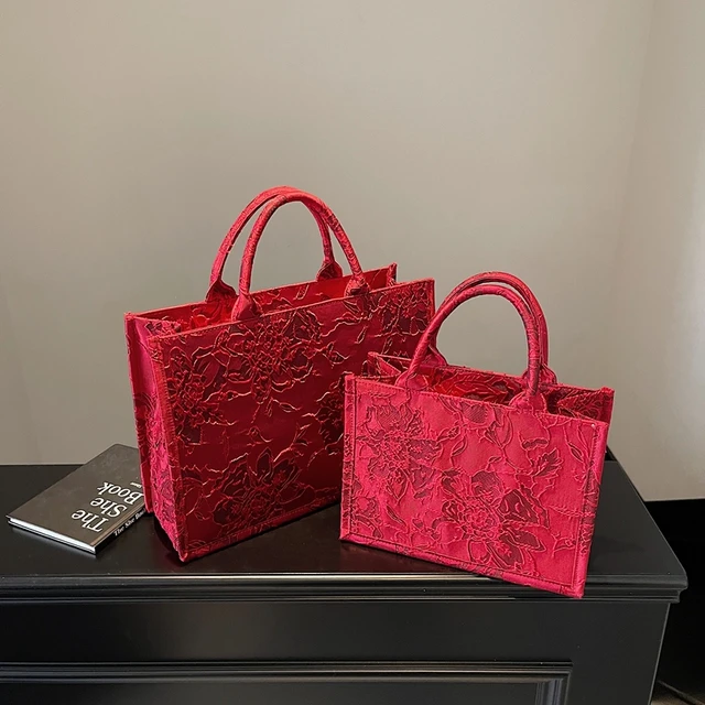 新中式国风复古手提单肩帆布包手工结婚包女新娘日常可用红色包包