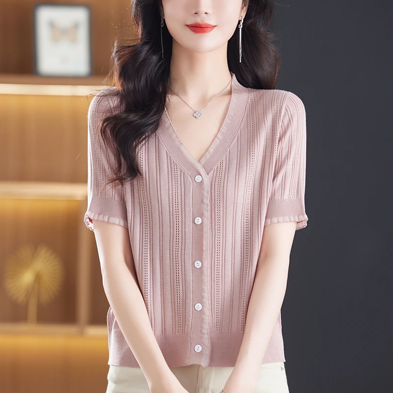 夏季大码洋气蕾丝边短袖T恤女宽松薄款V领上衣外搭短款打底小开衫