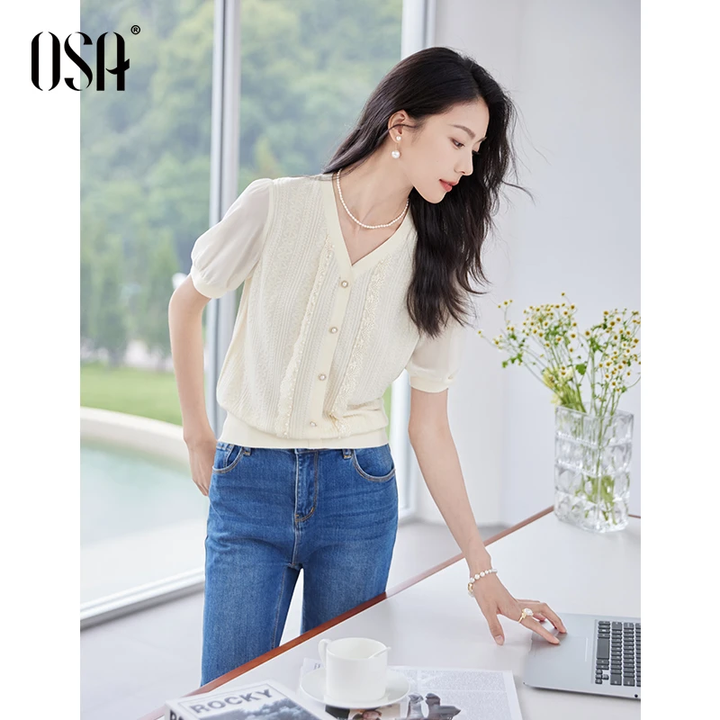 OSA/欧莎 轻盈透气小花边女夏新款通勤显瘦薄套头上衣S125B16044