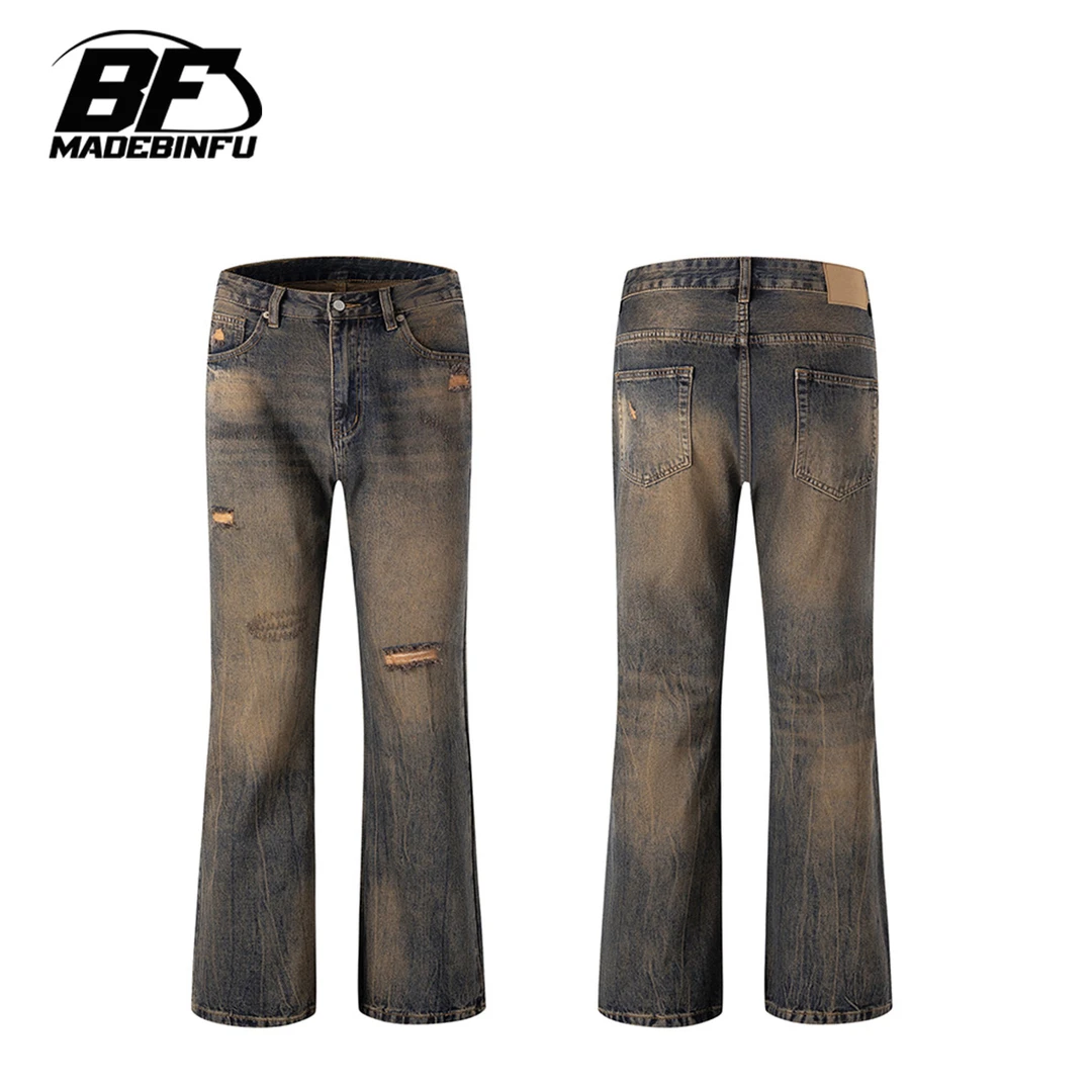 BINFU2025年新款黄泥色男女同款直筒 做旧牛仔长裤