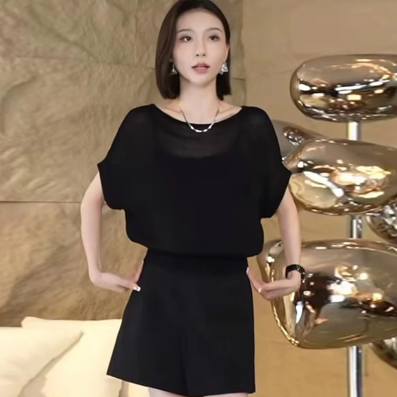 欧货时尚微透薄款冰丝女夏设计感后背镂空拼接蝴蝶