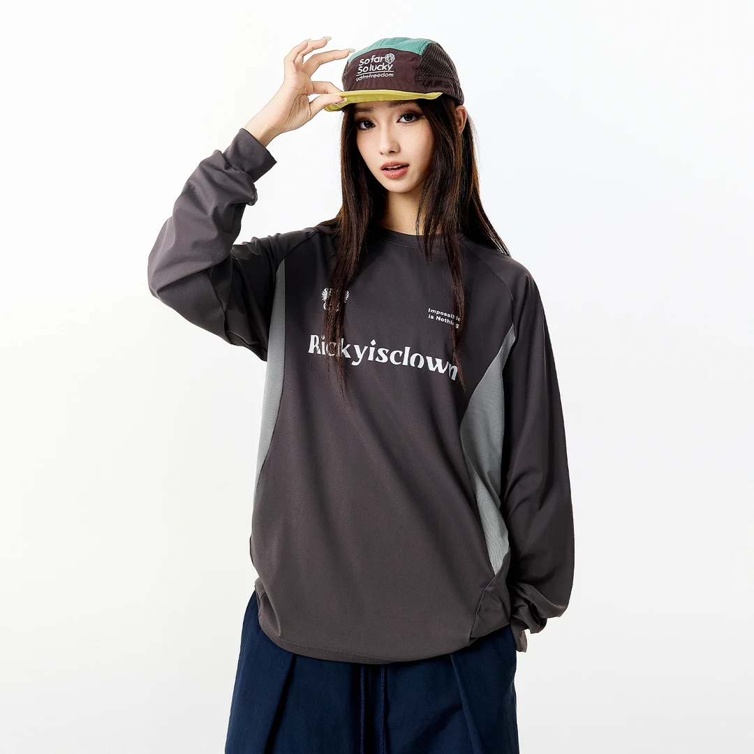 RickyIsClownRIC拼接运动速干凉感长袖T恤学院风宽松情侣装潮牌女
