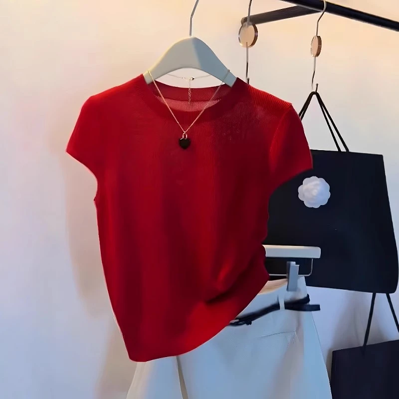 潮流红色针织短袖t恤女夏季2025新款洋气减龄透气打底衫薄款上衣