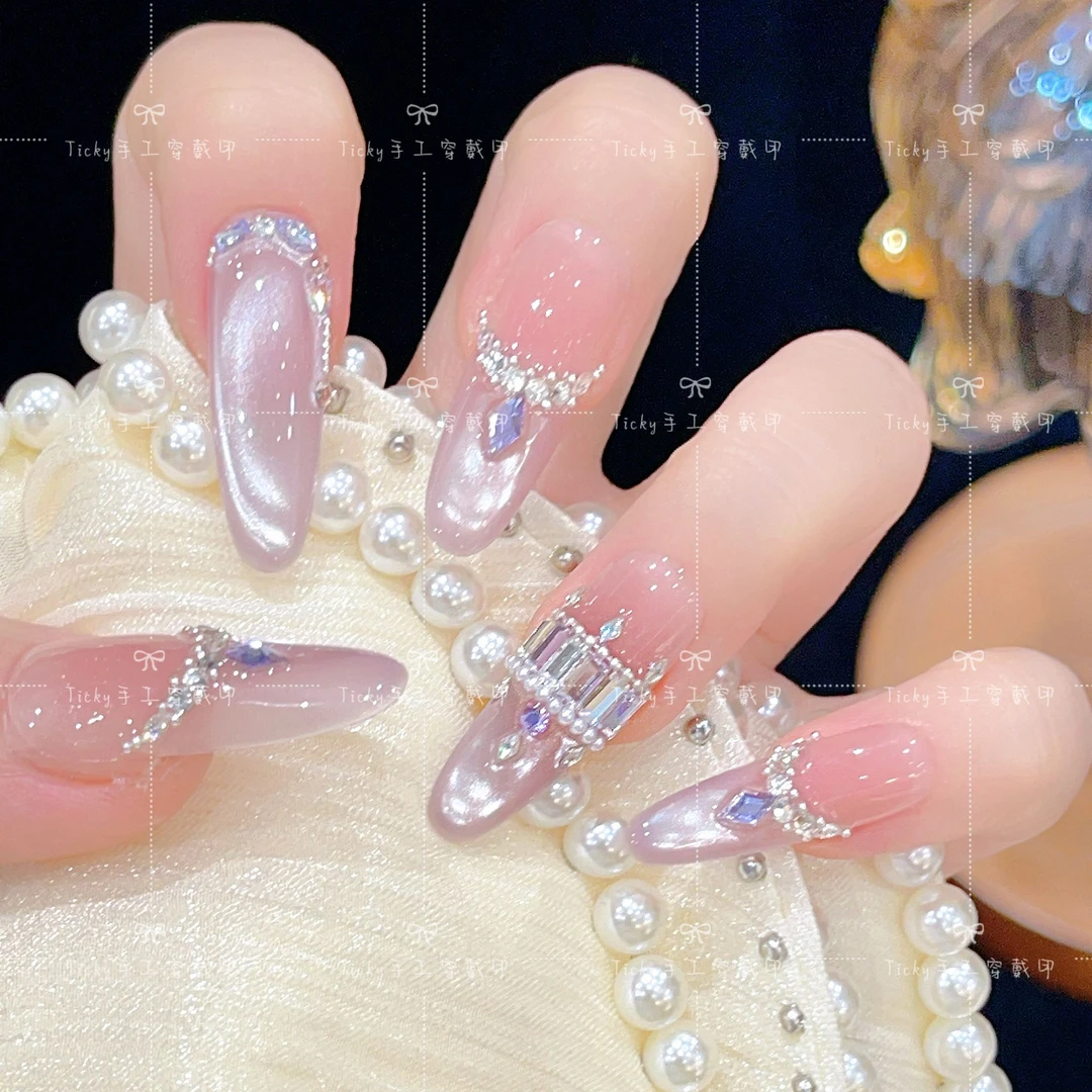 【紫晶城堡】高级温柔紫色法式显白猫眼手工穿戴甲贴片