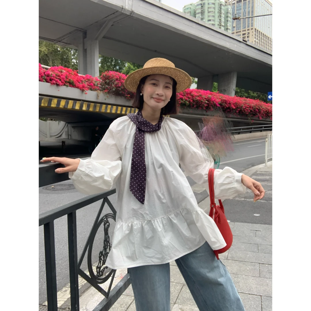 白色连衣裙春款甜美圆领韩系淑女高级感泡泡袖减龄宽松小衫裙子