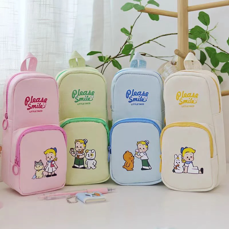 大容量笔袋可爱马卡龙色卡通男孩女孩书包式双层学生帆布文具收纳