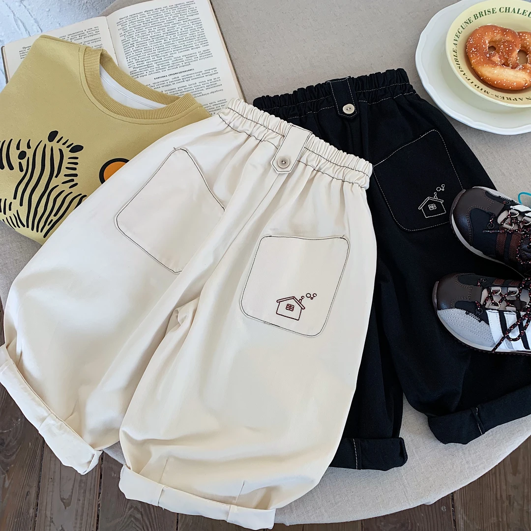 儿童裤子2025春装男女童刺绣休闲裤韩版宝宝百搭萝卜裤阔腿长裤