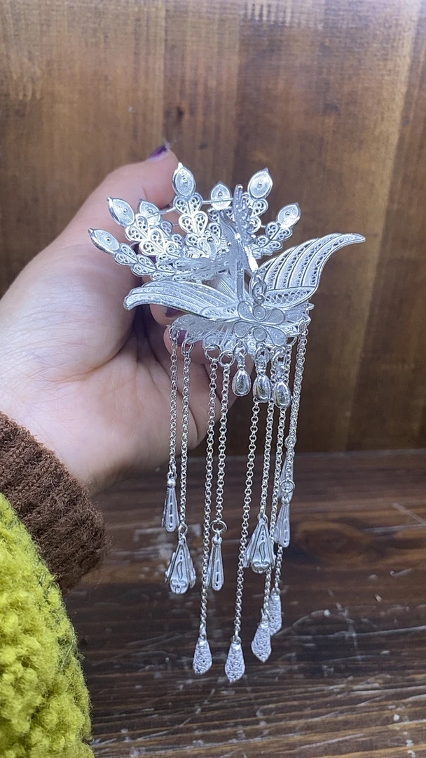 足银银制品 湘女银饰 足银999凤凰发簪