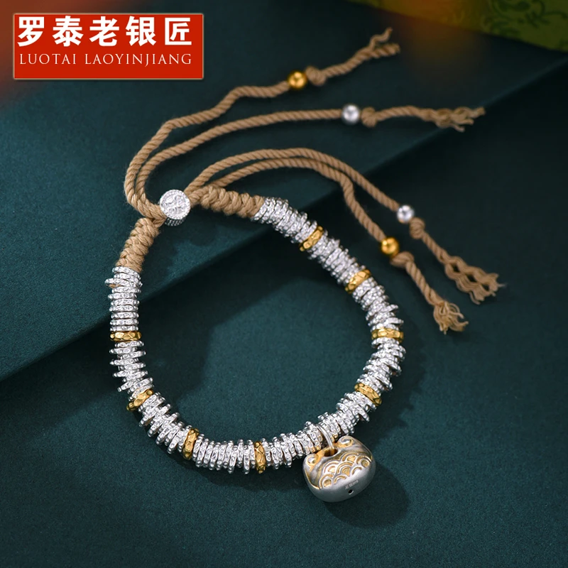 罗泰老银匠 足银手链 999纯银小胖福手链女士款编织手绳盘缠手串