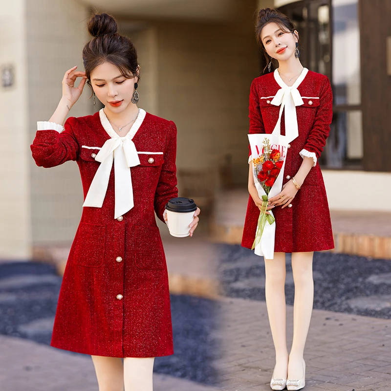 小香风连衣裙女早春2025新款高级感气质名媛收腰显瘦蝴蝶结a字裙