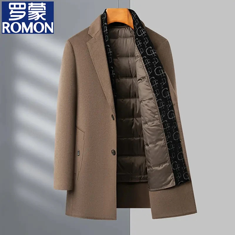 罗蒙毛呢大衣男中长款冬季加厚保暖可拆卸加绒内胆羊毛呢中年外套