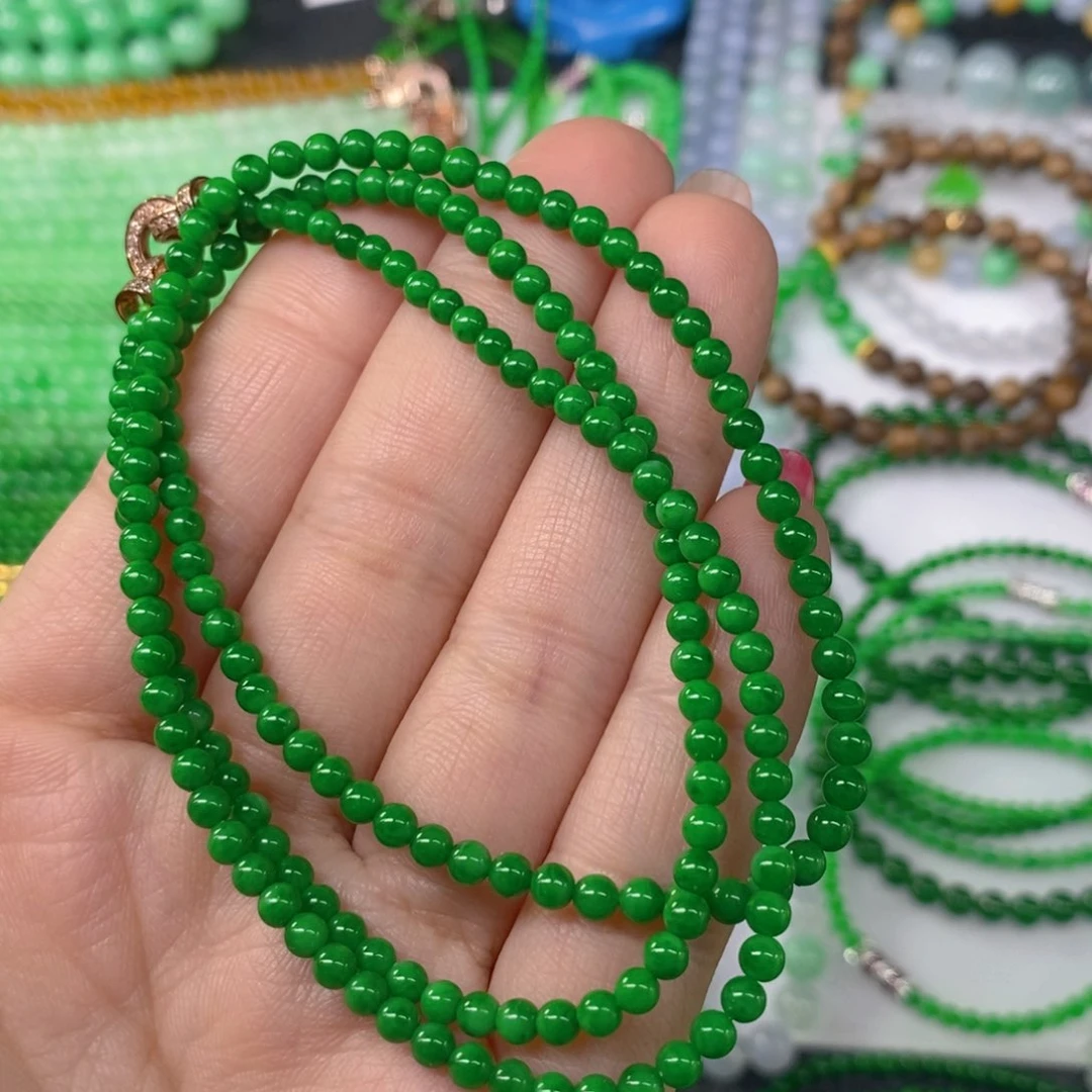 颈饰未镶嵌翡翠缅甸天然翡翠浓阳绿小米珠塔链3.3，3.7