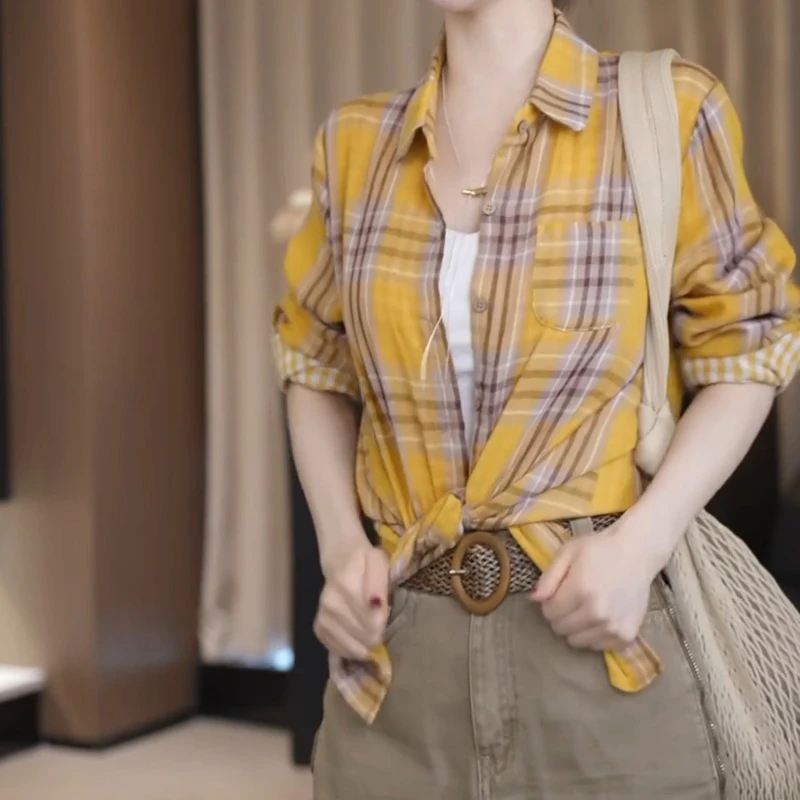 【红心格】2025新休闲复古格子双层棉纱舒适百搭洋气衬衫LK2502347