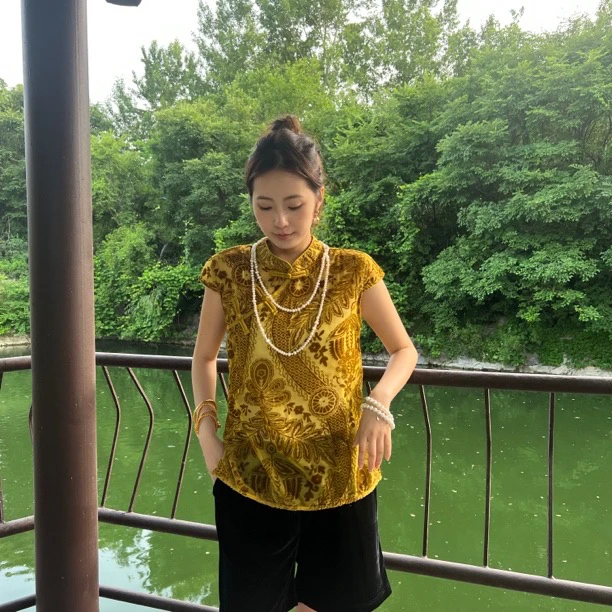 （1373）新中式国风夏季立领盘扣烧花丝绒半袖上衣