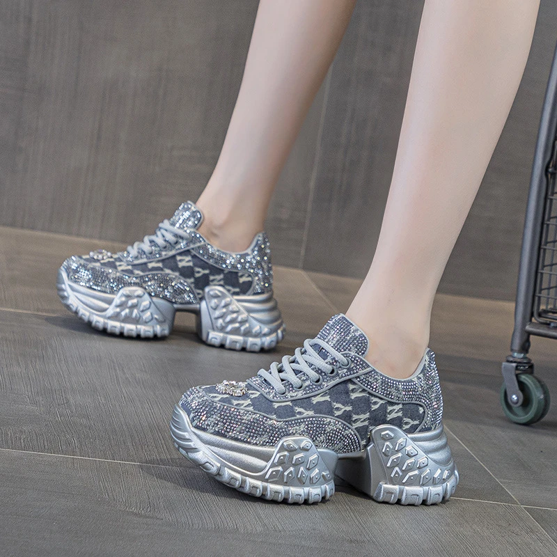 老爹鞋女厚底增高鞋水钻牛仔布ins韩版潮爆款时尚街拍休闲 运动鞋