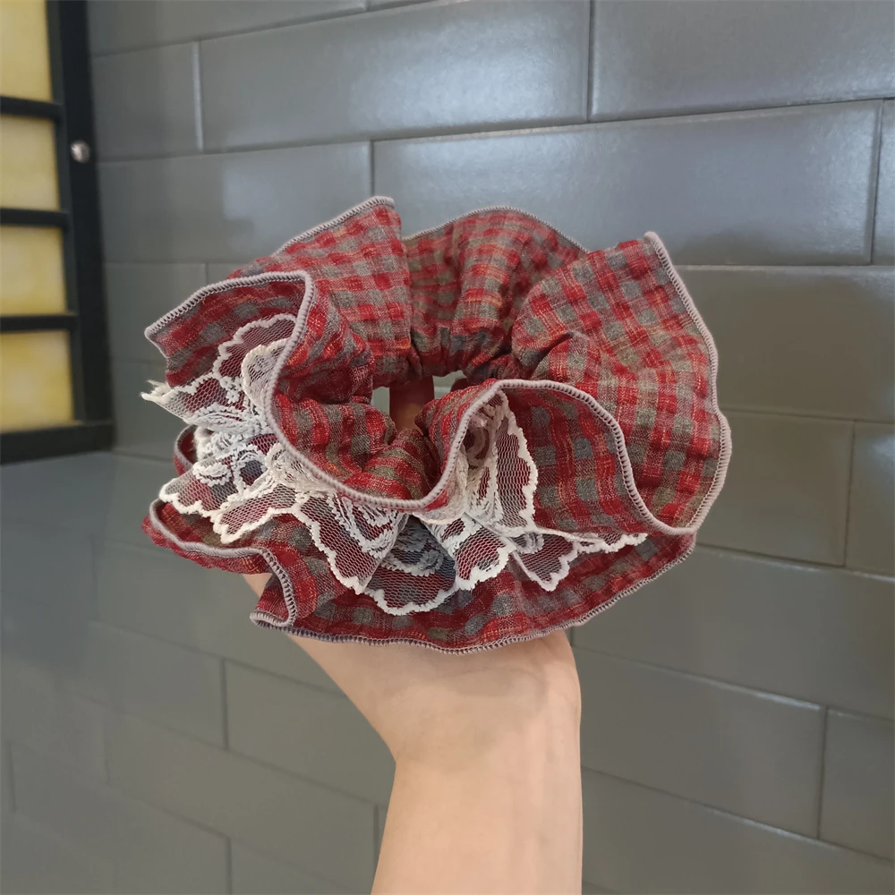 韩系红色格纹大肠发圈双层高级感头花扎头发绳学院风蕾丝新年发饰