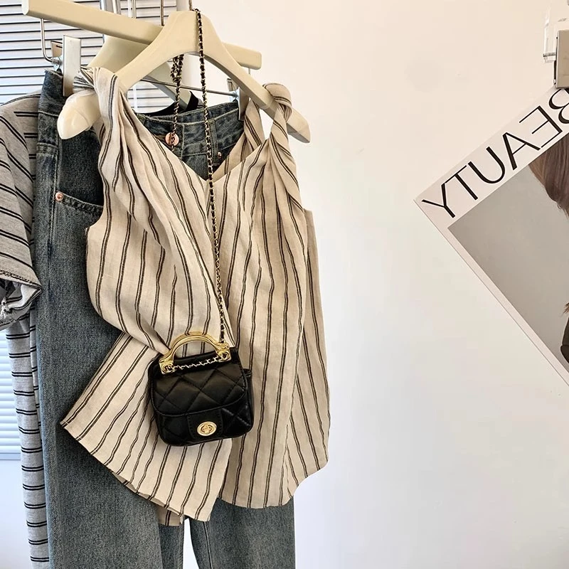 MISU/糜素爆款~扭结肩带设计百搭时慵懒风撞色条纹无袖上衣女夏季