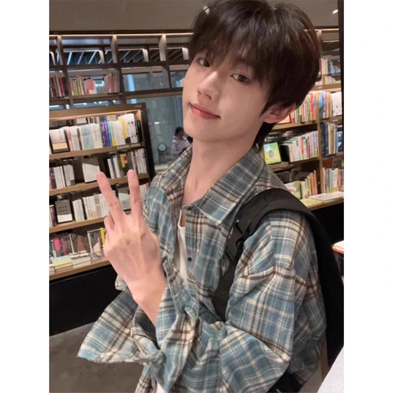 美式蓝色格纹长袖衬衫男复古少年感穿搭情侣百搭潮流休闲格子衬衣