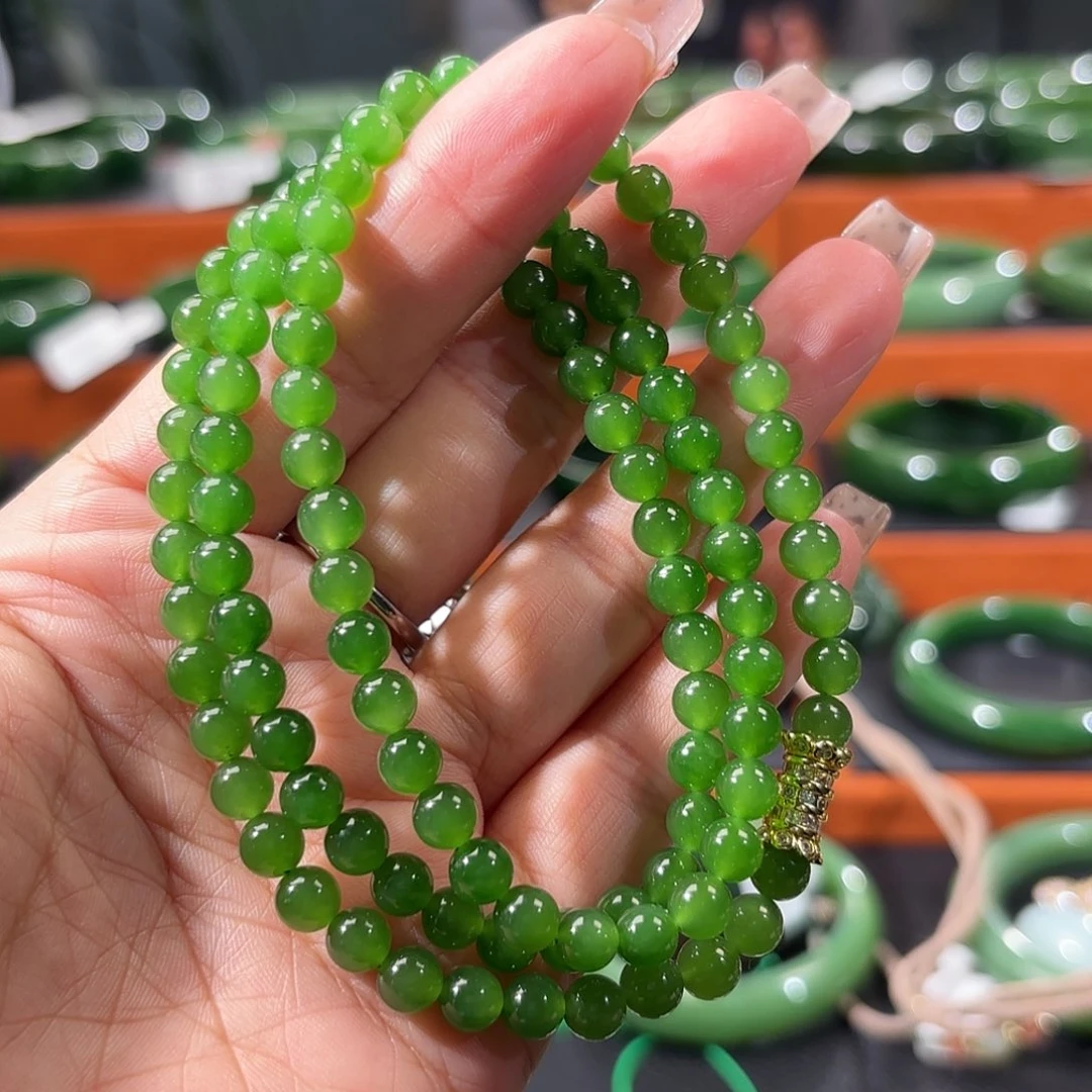 和田玉未镶嵌手串冰底果阳绿卡6