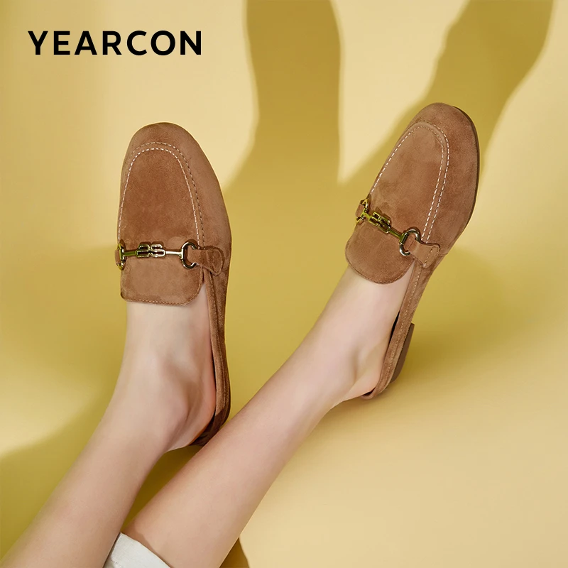 意尔康女鞋2025夏季新款包头凉拖鞋真皮乐福鞋半拖鞋平底女凉鞋