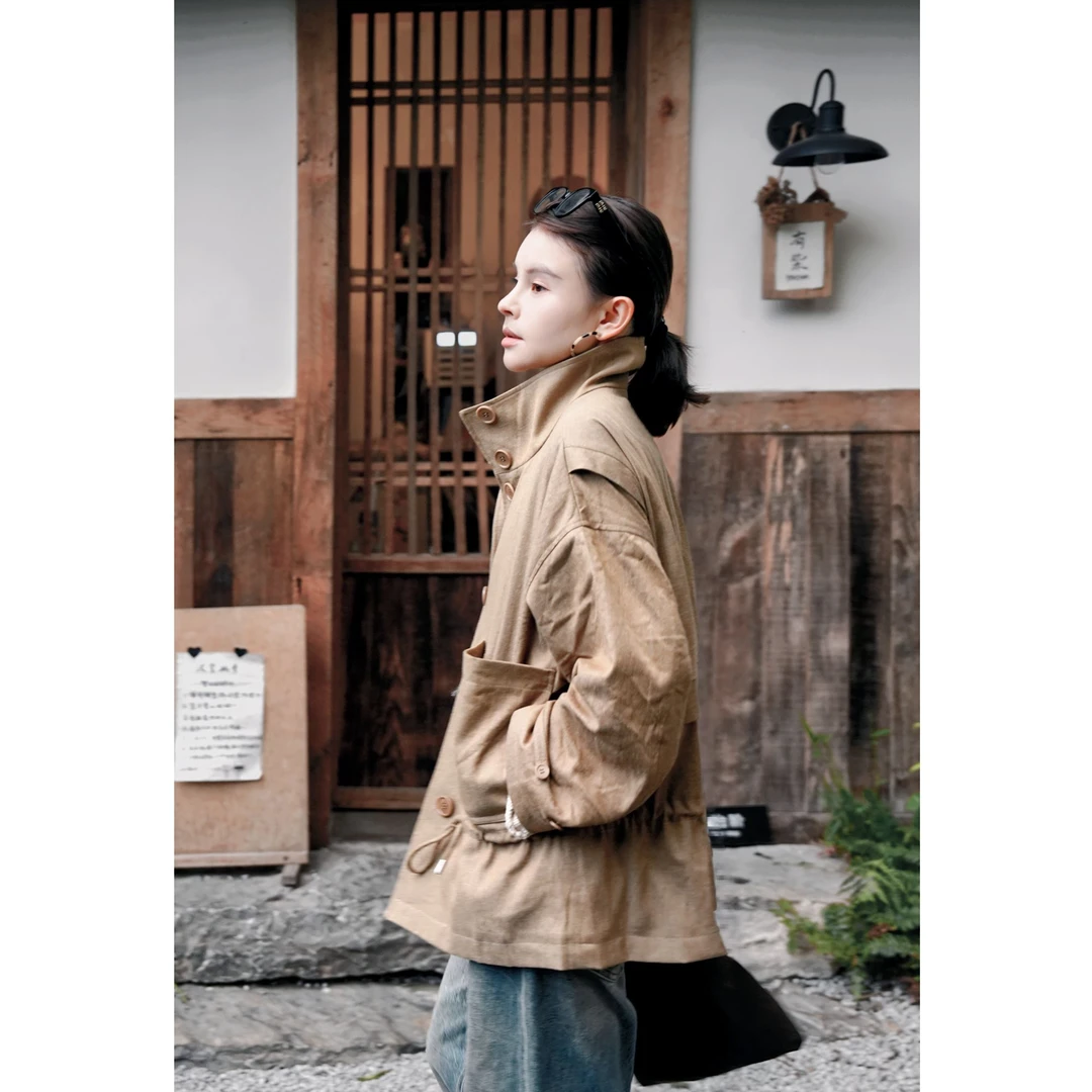 LAZYVISION*棉麻混纺抽绳休闲风衣外套ZMD-30759@