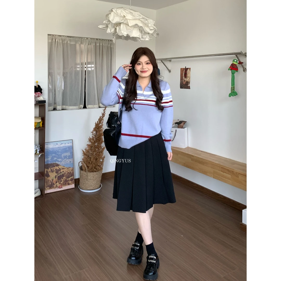 青屿衫-微胖大码冬季韩系慵懒风POLO领撞色条纹正肩长袖针织毛衣