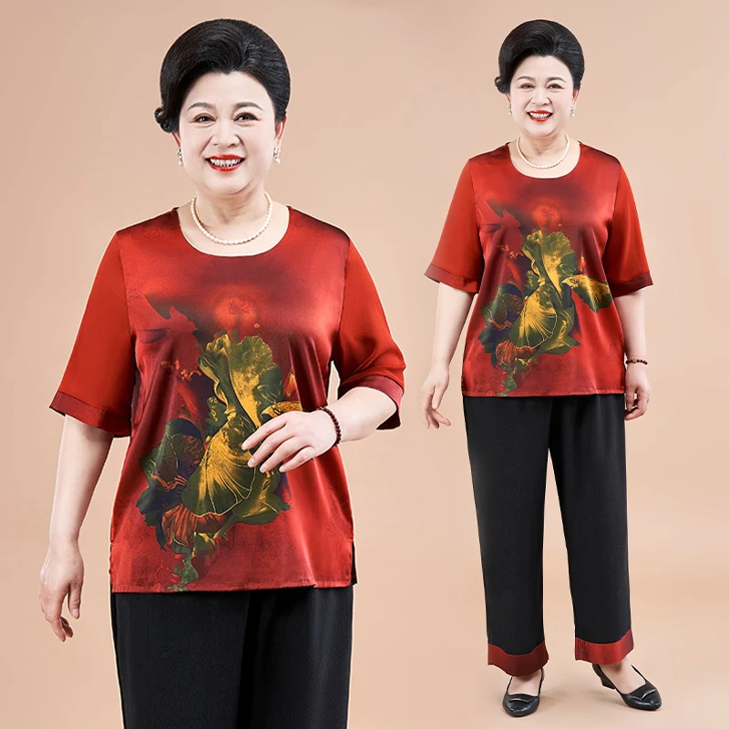春夏新中式圆领短袖印花套装中老年女装妈妈装薄款时尚套装国风女