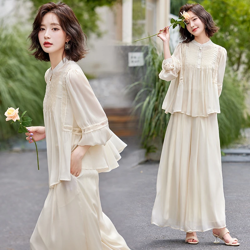 超仙时尚雪纺套装女2025春夏新款半透减龄显瘦流行阔腿裙裤三件套