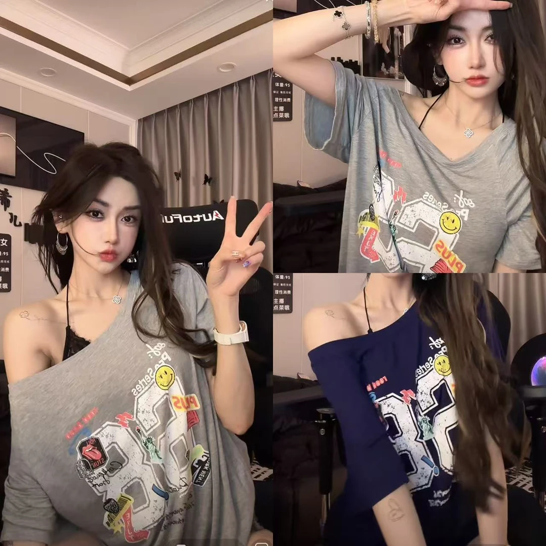 (浠儿姐姐）慵懒薄款印花短袖显瘦常规T恤设计感速干欧美风宽松