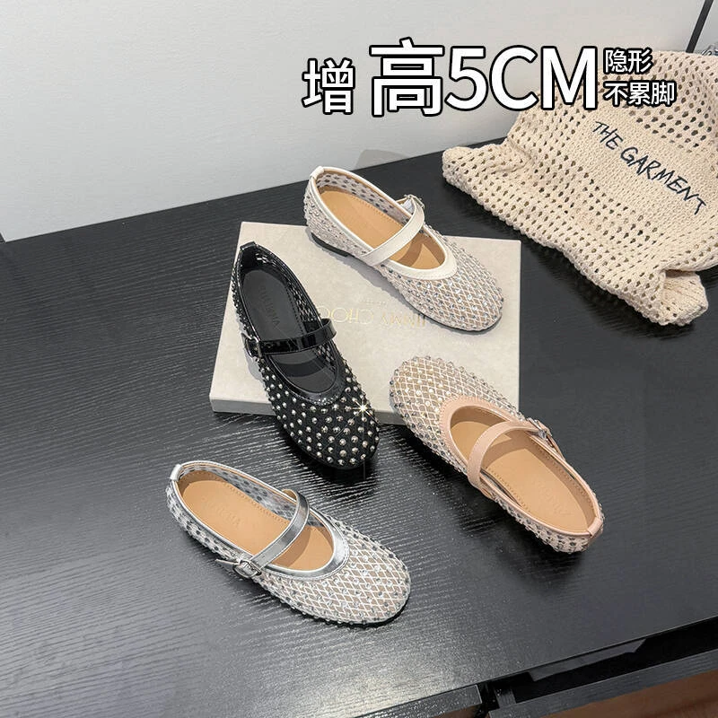 法式网面透气水钻玛丽珍单鞋夏季新款外穿软底浅口内增高芭蕾舞鞋