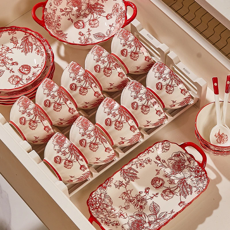 2025新款碗碟家用玫瑰乔迁喜庆碗筷陶瓷碗盘餐碟送礼新居餐具网红