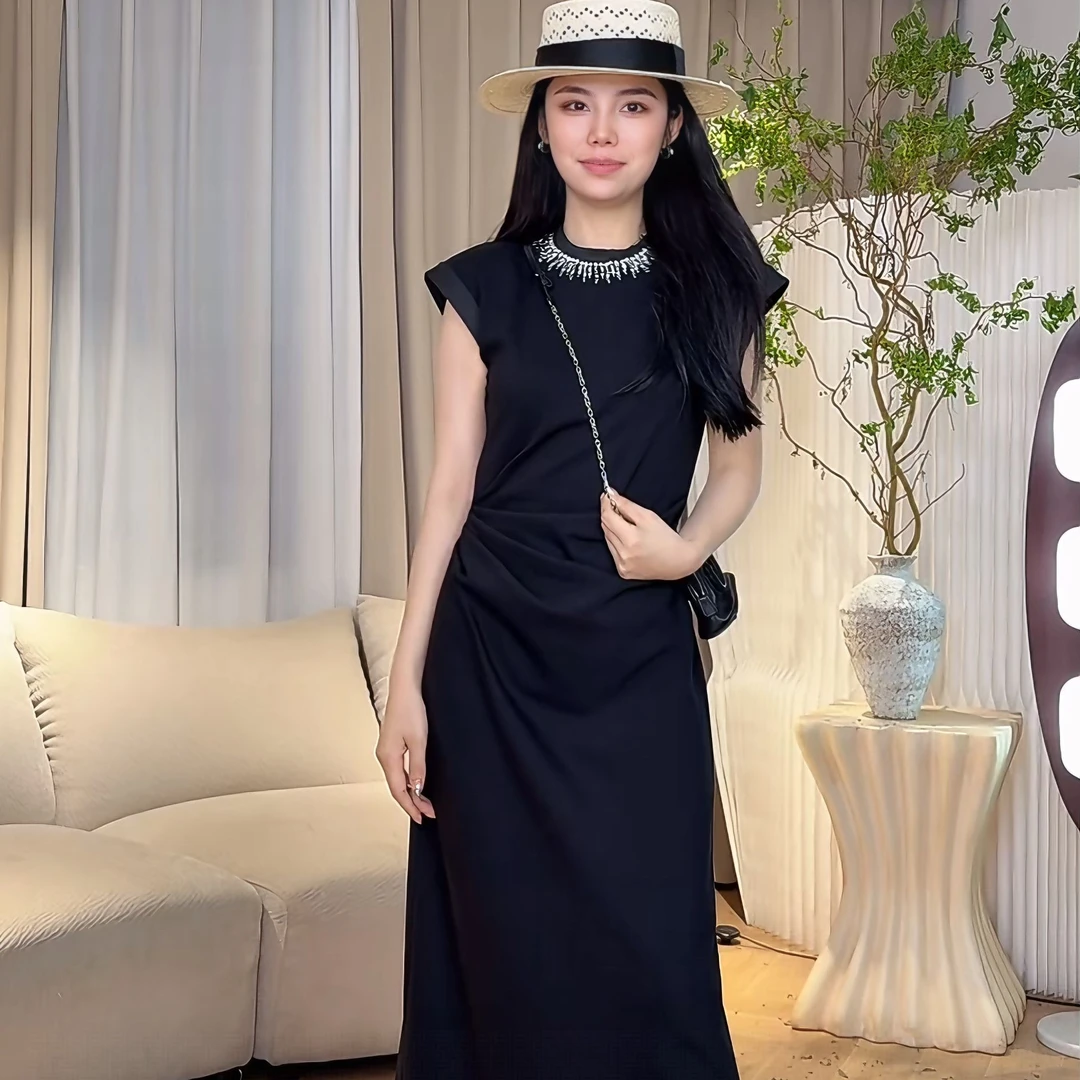 【XSY】圆领环钻褶皱小飞袖遮手臂大弹力连衣裙