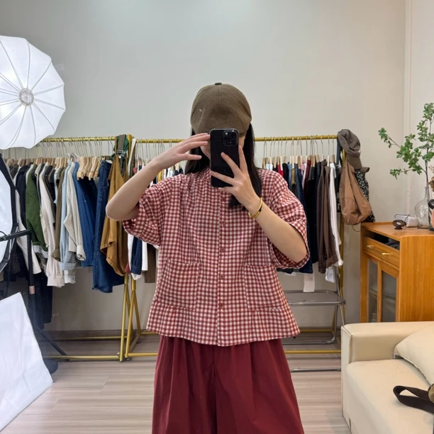 自制宽松显瘦短款双口袋红色格子衬衫