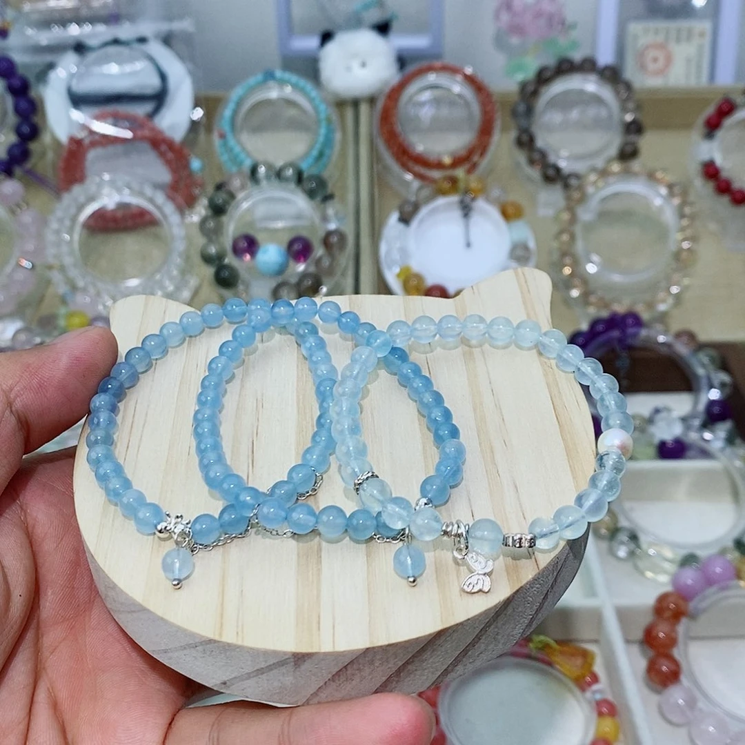 银S925镶嵌手链水晶海蓝宝手串