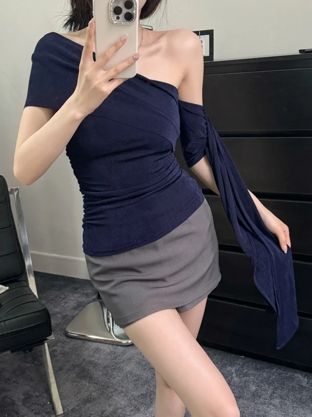 纯欲辣妹短袖T恤女夏季设计感修身显瘦一字肩上衣