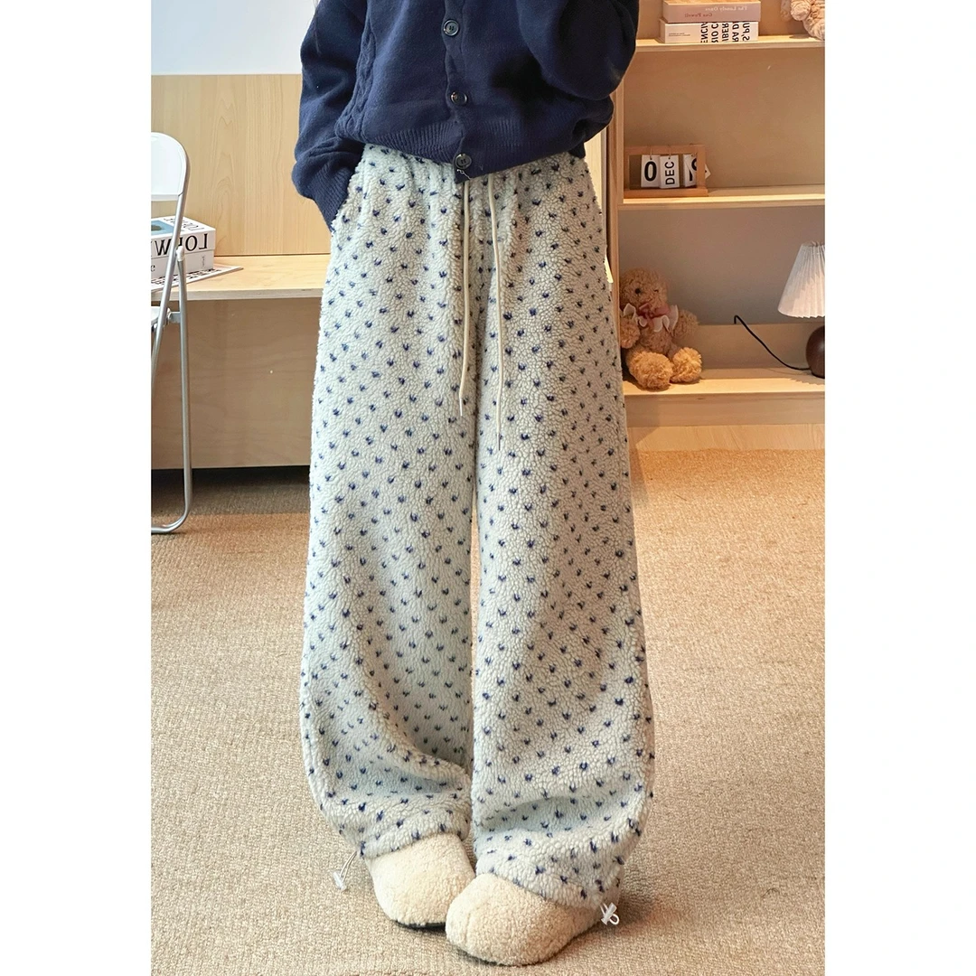 羊羔绒波点运动裤女秋冬加绒加厚保暖棉裤宽松束脚摇粒绒阔腿卫裤