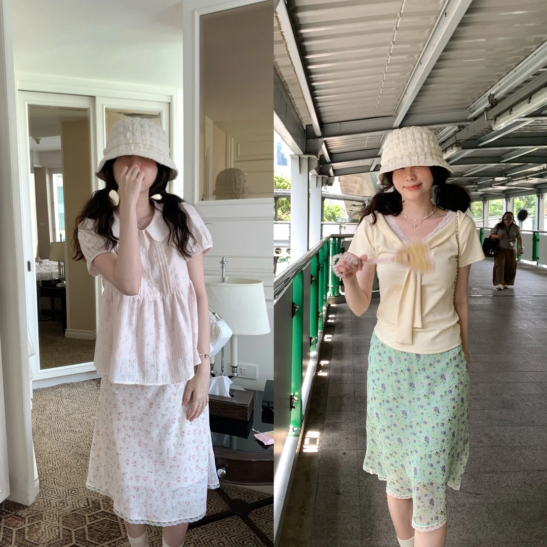 甜美风碎花鱼尾花边半身裙女夏设计感高腰显瘦a字中裙显瘦温柔A字