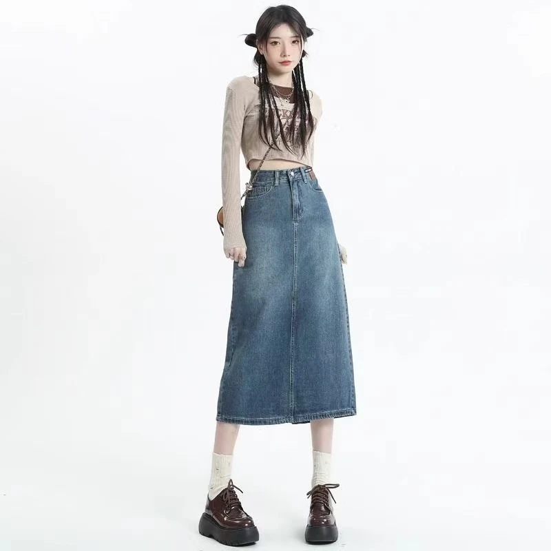 H复古韩版开叉小个子牛仔半身裙女高腰中长款显瘦遮胯a字春夏款