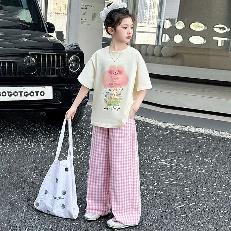 女童套装时尚儿童洋气印花T恤格子裤两件套童装休闲运动宽松韩版