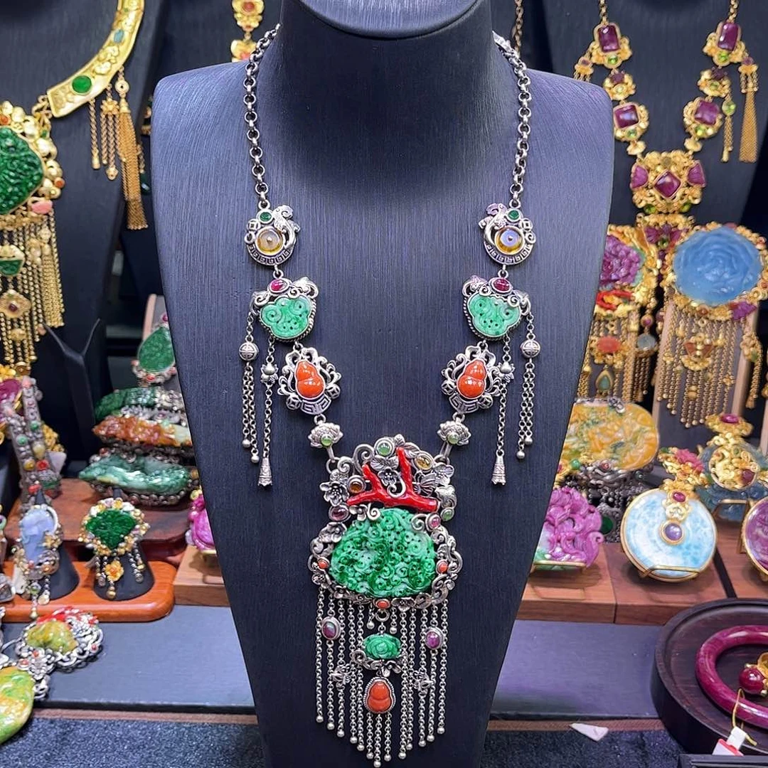 翡翠银S925镶嵌套链翡翠多宝项链套装