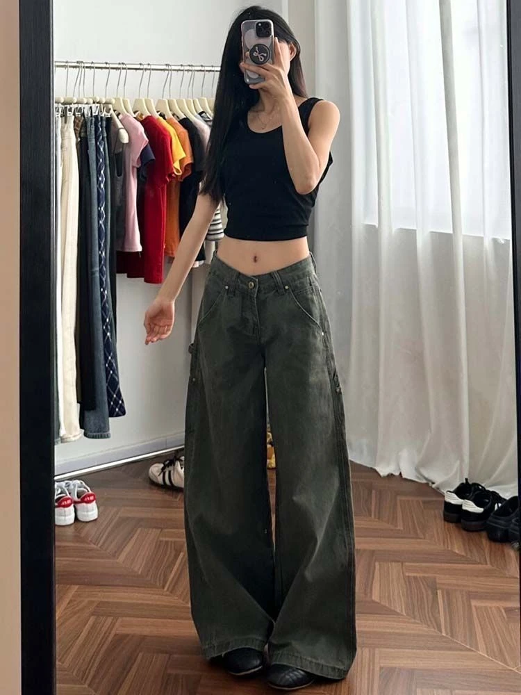 美式复古军绿色垂坠感牛仔裤夏季新款阔腿工装裤时髦不费力拖地裤