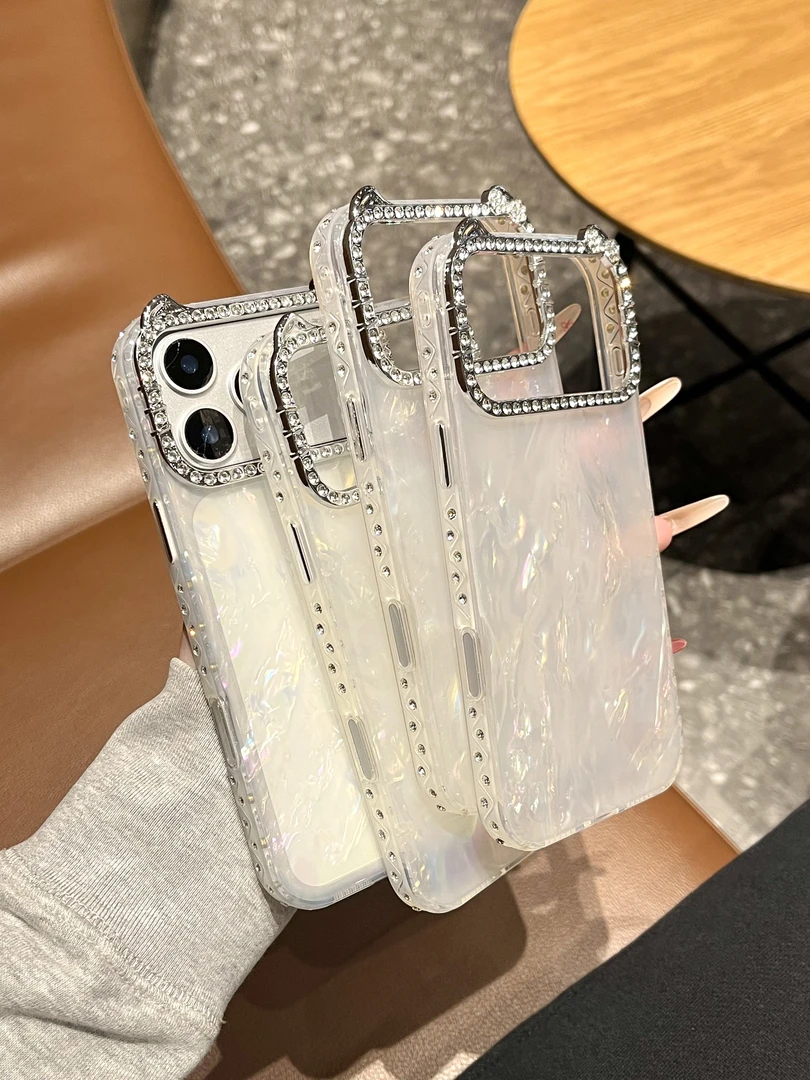 【闪钻边框】猫耳镜头框贝壳纹手机壳适用苹果17/16/15/14/保护壳