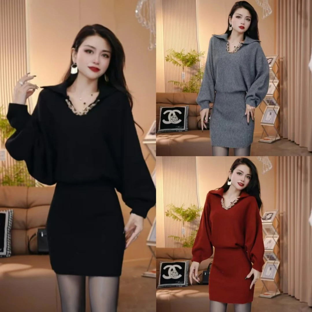 2025时尚气质减龄慵懒风宽松V领重工亮片显瘦百搭减龄针织毛衣裙